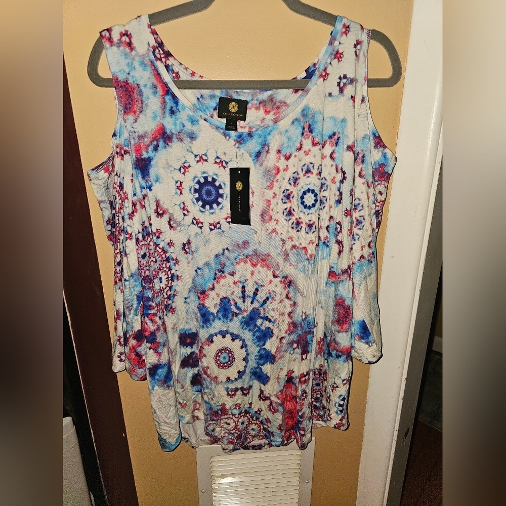 NWT JM Collection Tye-Dye Open Shoulder Women Top SZ L